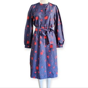 Vintage 80s Navy Blue & Red Abstract Geometric The Shirt Dress Puff Sleeves Midi